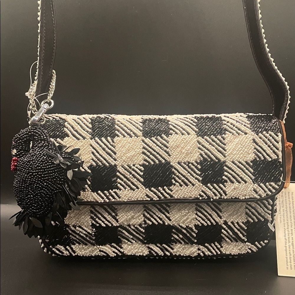 VIRAL Black and White Checkered Beaded Bag w/Swan Charm Handmade in India NWT